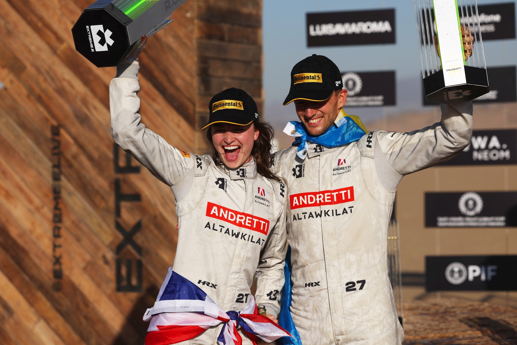 FEBRUARY 18: Catie Munnings (GBR) / Timmy Hansen (SWE), Andretti Altawkilat Extreme E celebrate , 2nd position during the Saudi Arabia on February 18, 2024. (Photo by Alastair Staley / LAT Images)
