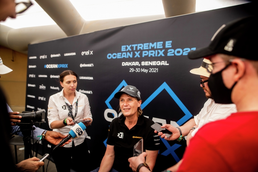 LAC ROSE, SENEGAL - MAY 29: Jutta Kleinschmidt (GER), ABT CUPRA XE, talks to the media during the Ocean X-Prix at Lac Rose on May 29, 2021 in Lac Rose, Senegal. (Photo by Sam Bloxham / LAT Images)
