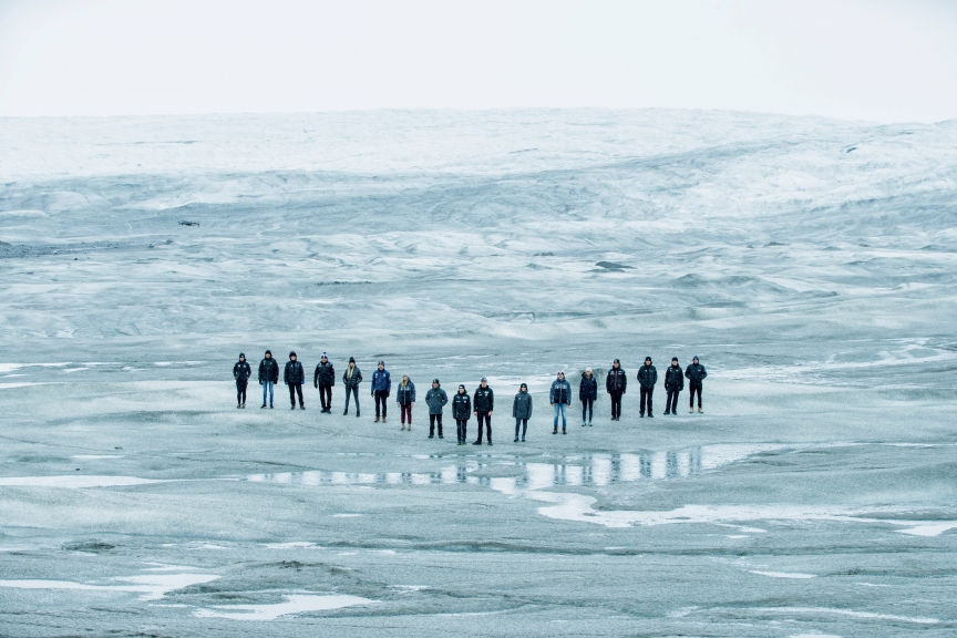 The Extreme E drivers pose for a photo on the Russell Glacier