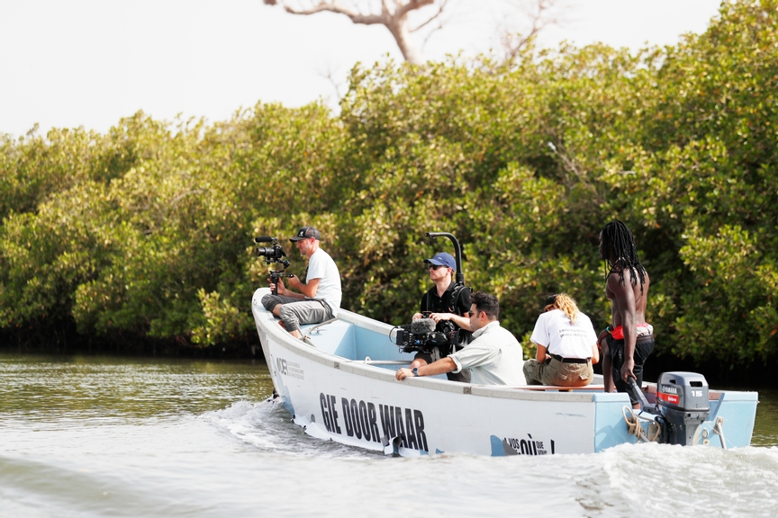 LAC ROSE, SENEGAL - MAY 26: Film crew on the Oceanium Mangrove Legacy Project Visit boat trip during the Ocean X-Prix at Lac Rose on May 26, 2021 in Lac Rose, Senegal. (Photo by Sam Bloxham / LAT Images)